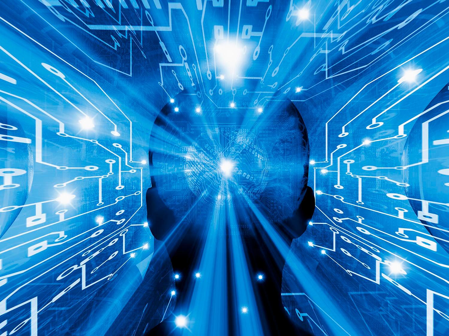 Artificial intelligence related image with person on the blue background